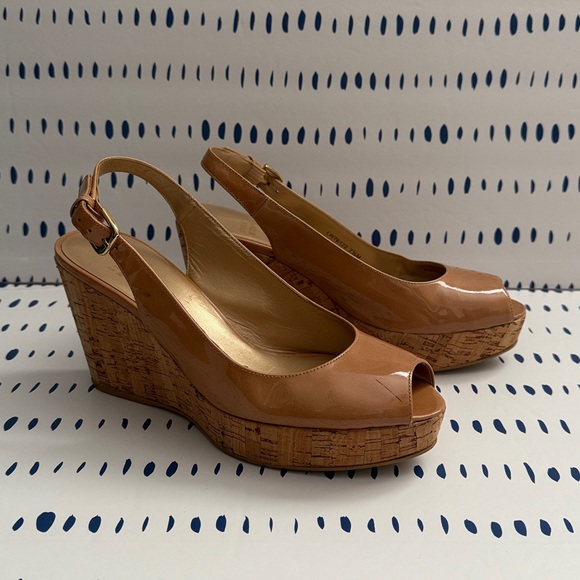 Stuart Weitzman Jean Slingback Wedge Sandals in Nude Patent Leather - Picture 3 of 11